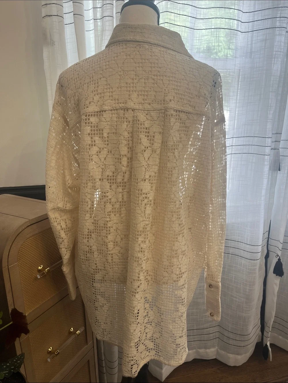 Free People Cream Crochet Button-Down Shirt